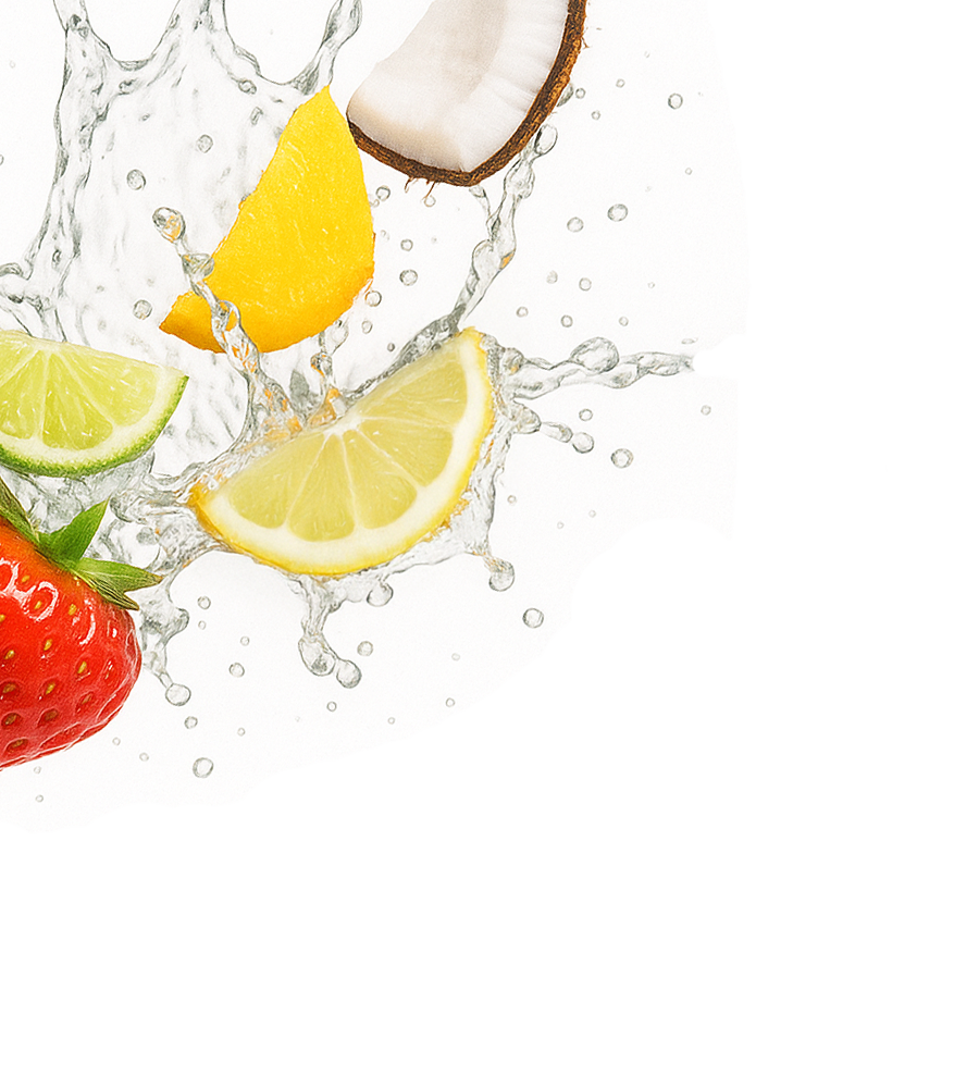 Fruits including a lemon, lime, strawberry, and coconut with water splashes on a white background